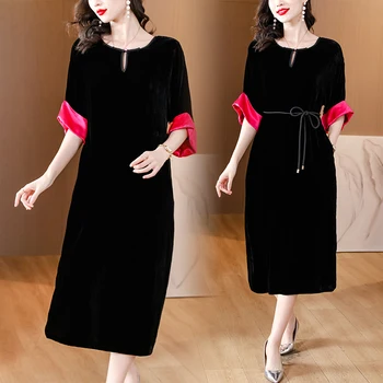 2023 novo estilo casual solta atmosférica mulheres de vestido preto high-end Hepburn estilo de seda, seda saia