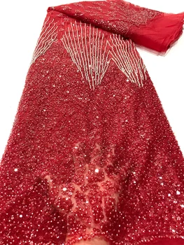 2023 vermelho High-End feito a mão Frisada Lace Tecido de Paetês Bordados de Miçangas Nigeriano Bordado 3D da Malha do Laço de Tecido Para o Vestido de Festa