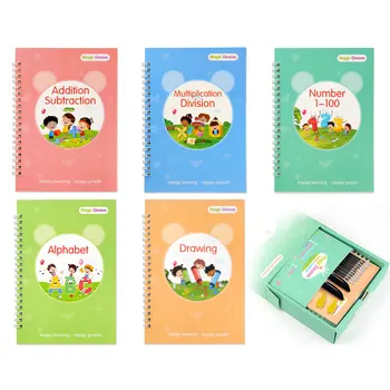 5 Livros em inglês Magia Copybook para Crianças Reutilizáveis Prática do Livro de Saber o Número do Alfabeto Desenho Matemática Montessori de Brinquedo, Caixa de Presente
