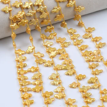 9-10mm tingidas de cor amarela, irregular em forma de cruz de água doce solta a pérola barroca vertente superior perfurados Diy jóias