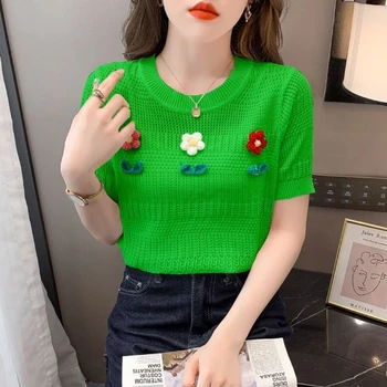 A Flor verde Floral Coreia do Verão Fina Dama de Escritório Pano de Mulheres T-shirt T - confecção de Malhas de Manga Curta Elástico T-shirt de Gelo Tops de seda