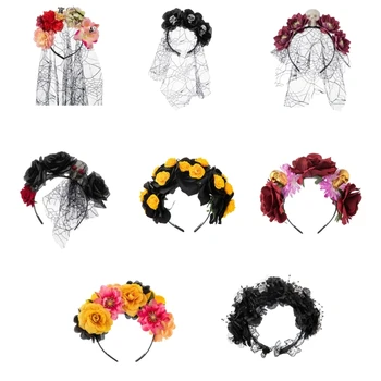 A flor&Crânio Cabeça com um Véu para as Mulheres de Cabelo Aro Dia Dos Mortos Cabelo Decorações de Dropship