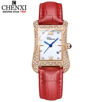 CHENXI Mulheres Relógios de Marca de Luxo de Praça Senhoras Quartzo Relógio de Pulso de Moda Couro Impermeável Mulheres do Ouro de Rosa do Bracelete do Relógio