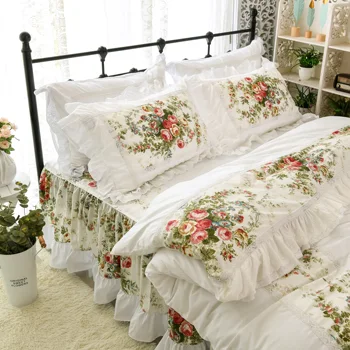 Conjunto de roupa de cama de algodão Versátil Bordado Floral emenda flor de Capa de Edredão fronha Pastoral Princesa Cama Saia Artigo HM-19F