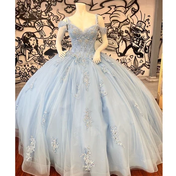 Céu Azul Glitter Fora Do Ombro Vestido De Baile Vestidos De Quinceanera Sweet 16 Princesa Rendas Grânulos De Vestidos De Baile Vestido De 15 Anos