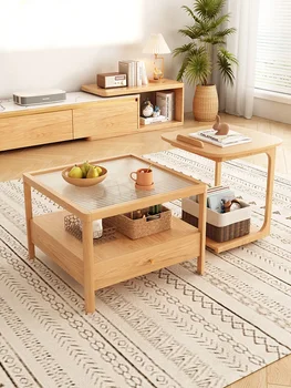 Estilo japonês de log estilo de mesa de centro, madeira maciça, sala de estar, pequena família apartamento, wabi-sabi estilo, Changhong de vidro