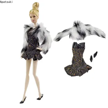 Faux Fur Casaco de Boneca de Moda de Roupas para a Barbie Roupas de 1/6 Acessórios Para Bonecas Barbie Casaco Vestido de Leopardo Sapatos Brinquedos