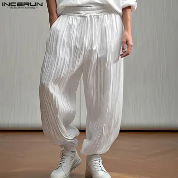INCERUN 2024 Estilo coreano Mens Calças Elegantes Masculino Plissado Textura Pantalons Streetwear Sólido de Todos-jogo de Cordão Calças de S-5XL