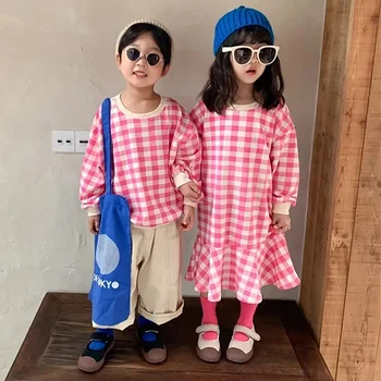 Irmão, Irmã De Correspondência De Roupas Coreano Menina Manga Longa Vestido De Moda Meninos Xadrez Camisolas Roupas De Crianças Crianças De Vestuário