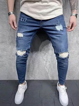 Mens Calças De Brim Do Denim, Calças De Buraco Azul Puro Slim Pés Elástico Jeans Primavera, Outono Moda Streetwear Masculino Calças