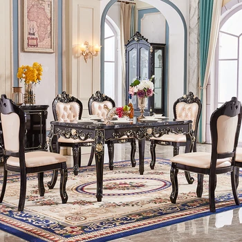 Mesa europeia de madeira maciça mesa de família de ébano luz de luxo mesa uma mesa, seis cadeiras combinação de Europeus de mesas de jantar de uma