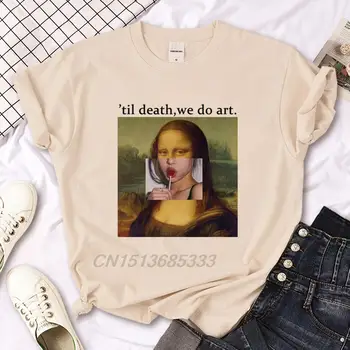 Mona Lisa Beber Vinho tinto Mulheres Funny T-shirts Até que a Morte Nós Fazemos Arte Tees Humor Comer Pirulitos Retro de Senhoras T-Shirts de Algodão