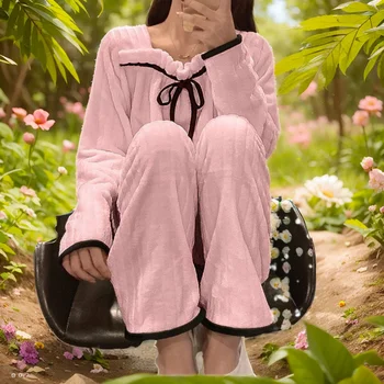 Mulher Doce de Pijama em Conjunto para o Outono/Inverno, espessa e Aconchegante com Pink Bow Bonito Decorações, Duas peças de Flanela Loungewear