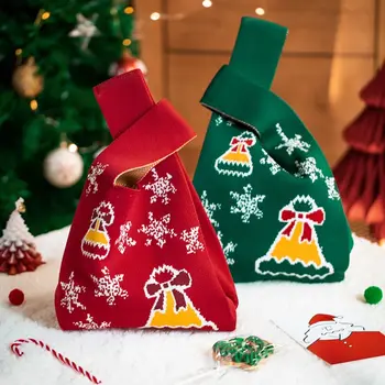 Mulheres Sacolas De Natal Bonito Série Nó De Pulso Saco De Malha Bucket Bag Duplo Jingle Bell Floco De Neve Saco De Presente Senhora Bolsas