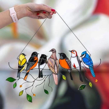 Multicolor Pássaros Em Um Fio De Alta Manchado Jardim Suncatcher Aves Ornamentos Cabide Em Um Ramo Suncatchers Pingente De Casa Durável