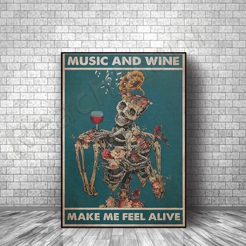 Música e vinho faz-me sentir vivo, cartazes, crânio, cartazes, brindes para os amantes da música, os amantes do vinho, engraçado crânio de lona imprime, vintag