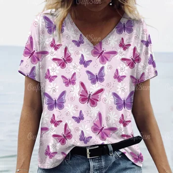 Novas Mulheres T-Shirt, Romântico Borboleta de Impressão Elemento de Verão Simples com Decote em V Manga Curta Top Casual Y2k Grande Tamanho de T-Shirt Solta