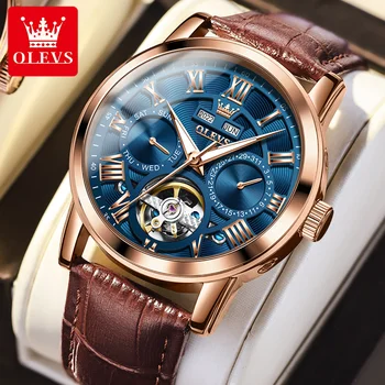 OLEVS Mens Relógios de Marca Top de Luxo Tourbillon relógios Mecânicos para Homens Moda Couro Impermeável Luminosa Data de Relógios de pulso