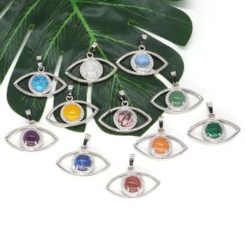 Olho do diabo Pingente de Pedra Natural de Cura Rodada Gemas de Cristal Amuleto Micro Embutidos Zircão Cor de Prata Mulheres Garota Colares da Moda