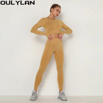 Oulylan Mulher Perfeita Conjunto De Yoga Fitness Esportes Ternos Ginásio Long Sleeve Top De Cultura Camisas De Cintura Alta Executando Calças Calças De Treino