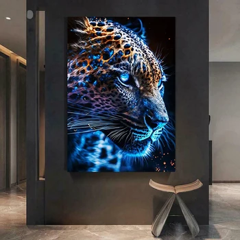 Resumo Animal Leopard Pôster e Impressão de Néon Efeito de Luz Tela de Pintura, Arte de Parede de Imagem para a Sala de Casa, Decoração Presente