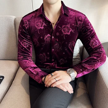 Roxo Rosa Flanne Shirts para os Homens de Luxo Flor de Impressão com Manga Longa Slim Fit Veludo Mens Vestir a Camisa do Clube Palco de Baile, os Homens de Roupas