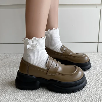 Sapatos De Mulher 2023 Outono Feminino Calçados Oxfords Casual Sapatilha Rasa Boca Sapatos Com Pele De Estilo Britânico Dedo Do Pé Redondo Tamancos Plat