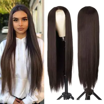 Transfronteiriços de perucas Europeus e Americanos longa reta perucas de cabelo para as mulheres reta perucas de cabelo fibra química perucas arnês