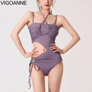 VigoAnne Roxo Halter Swimwear das Mulheres 2023 Sexy Amarrado Oco de Um Maiô de Peça coreano Slimfit Monokini Push-UP maiô